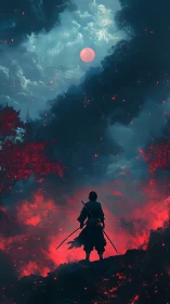 Lone swordsman measures a burning path beneath the blood moon