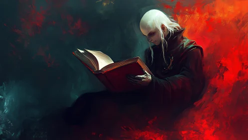 Sorcerer in ember dusk studies a glowing forbidden tome.