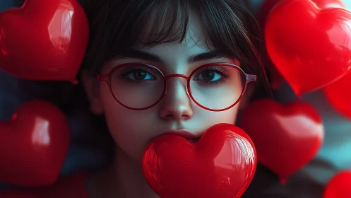 Portrait of Young Figure Surrounded by Glowing Red Heart Balloons