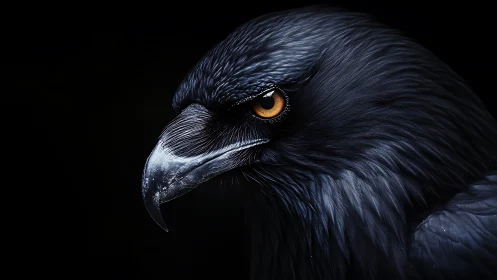 Dramatic close-up portrait of a raven with striking detail.