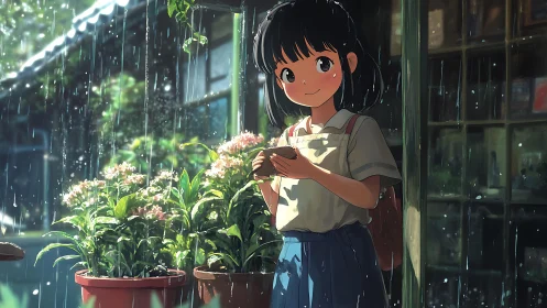 Rain-lit schoolgirl outside shop with potted hydrangeas.