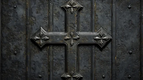 Metal cross relief is mounted on dark weathered door