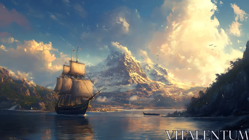 Sunlit tall ship drifting toward a storybook mountain haven.