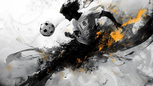 Dynamic abstract soccer player striking ball in motion.