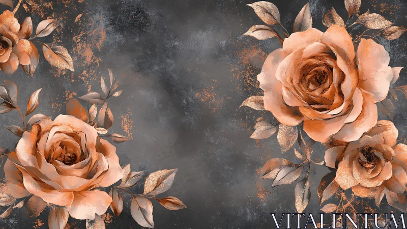 Orange roses with copper leaf motifs on textured gray surface.