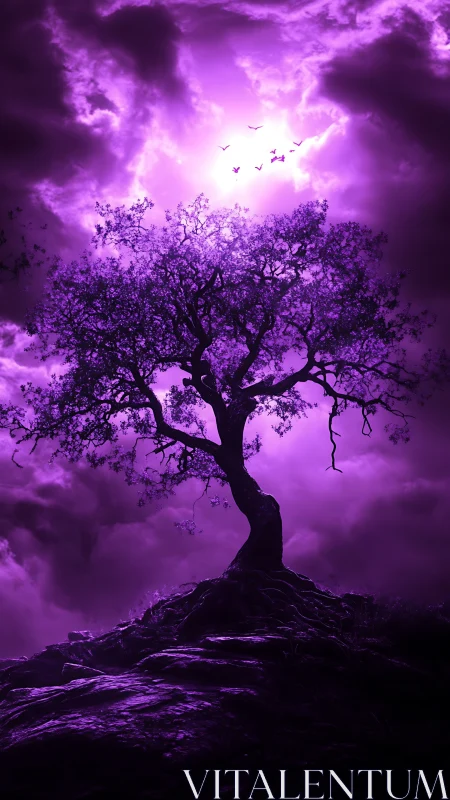 Solitary tree under vivid violet storm sky glow.