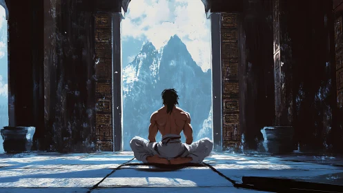 Solitary martial artist meditating before distant peak.