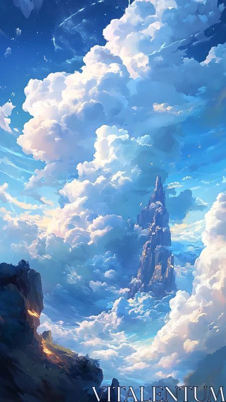 Celestial cloud spires rising above luminous sky valley.
