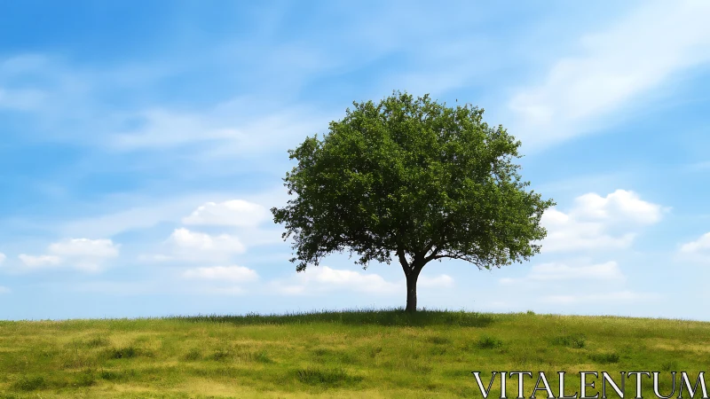 Lone tree on grassy hill under blue sky, peaceful landscape scene.