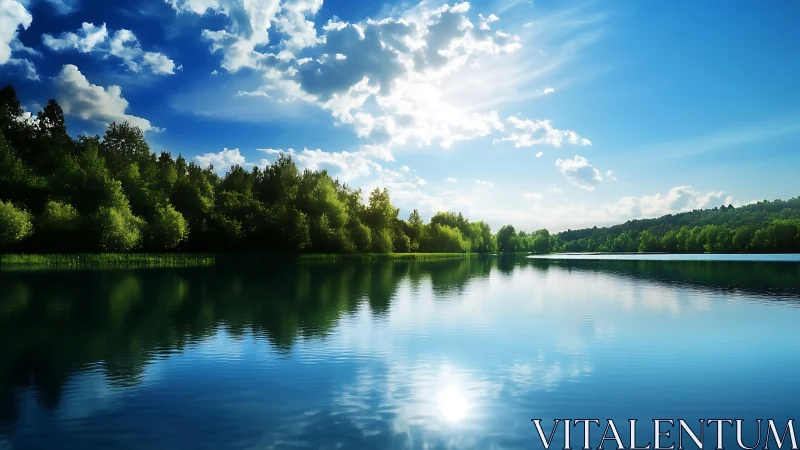 Peaceful forest lake glowing under a bright summer sky.
