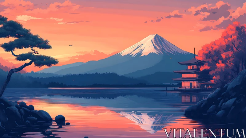 Sunset mountain lake with pagoda and reflected shoreline