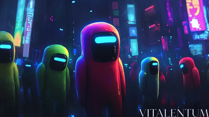 Neon hooded figures in a futuristic cyberpunk city street.