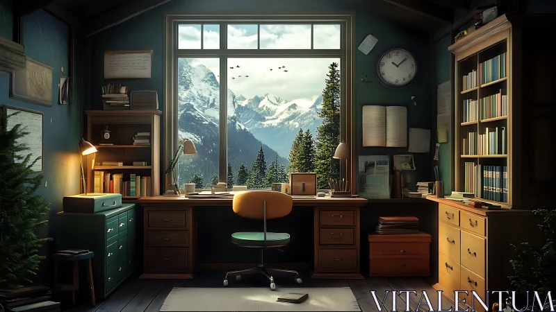 Mountain-view study interior with warm cinematic lighting.