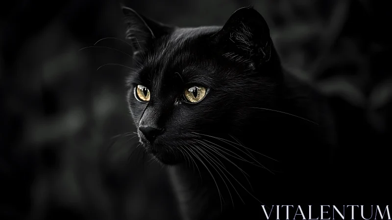 Black Feline Portrait with Aureate Ocular Features Against Achromatic Background