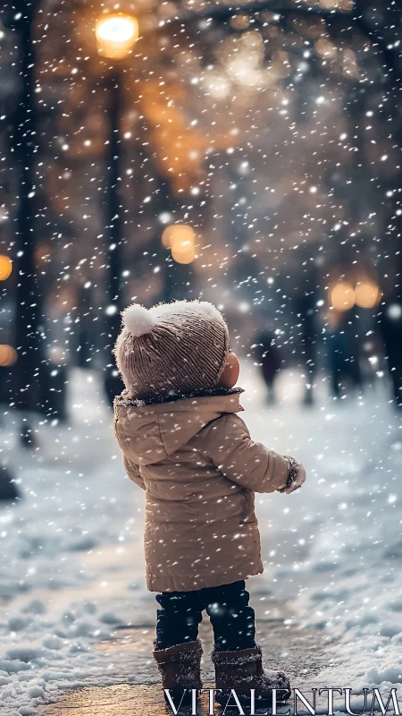 Tiny winter dreamer under glowing snowlit streetlights.