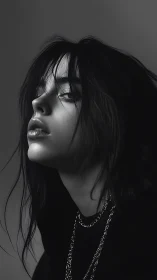 Monochrome portrait with side lighting and layered chains.