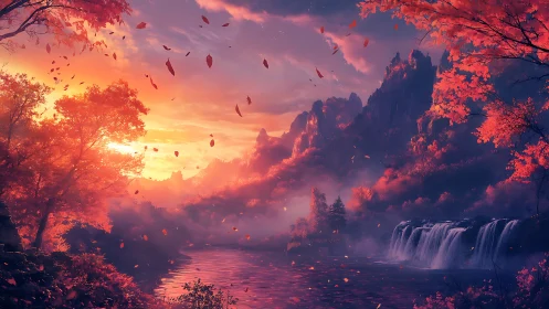 Sunset waterfalls and crimson forests in dreamy autumn light.