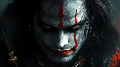 Close frontal view of painted face with red vertical lines.