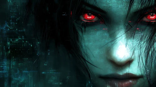 Cybernetic gaze with glowing red eyes in digital void.