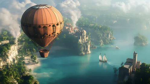 Hot air balloon over coastal cliffs and misty harbor.