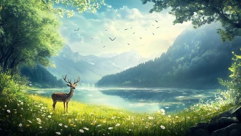 Sunlit stag pauses while mountains hum beside the lake