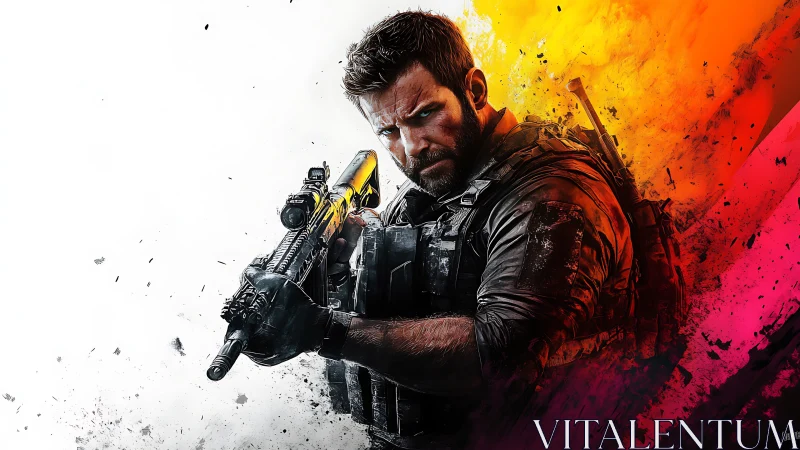 Battle-hardened soldier aims rifle amid explosive neon haze