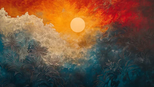 Solar bloom over abstract floral waves in firelight sky.