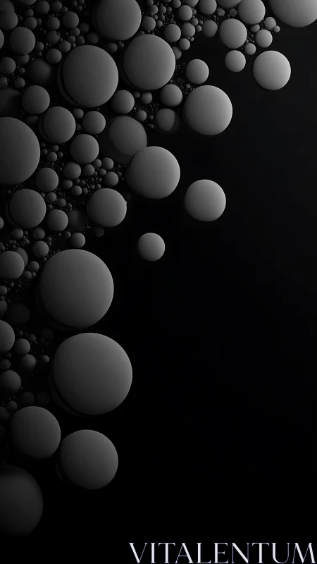 Minimalist spheres cascade into shadow on deep black field.