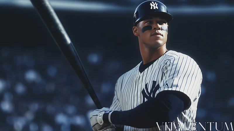 Right-handed batter in pinstripes preparing for kinetic swing.