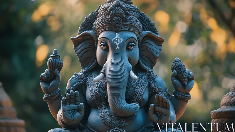 Serene Ganesha statue sits in soft bokeh forest light.