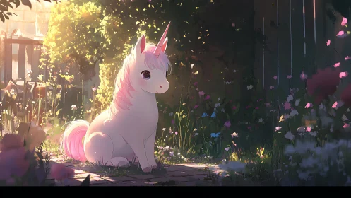 Sunlit unicorn quietly turns a secret garden into wonder