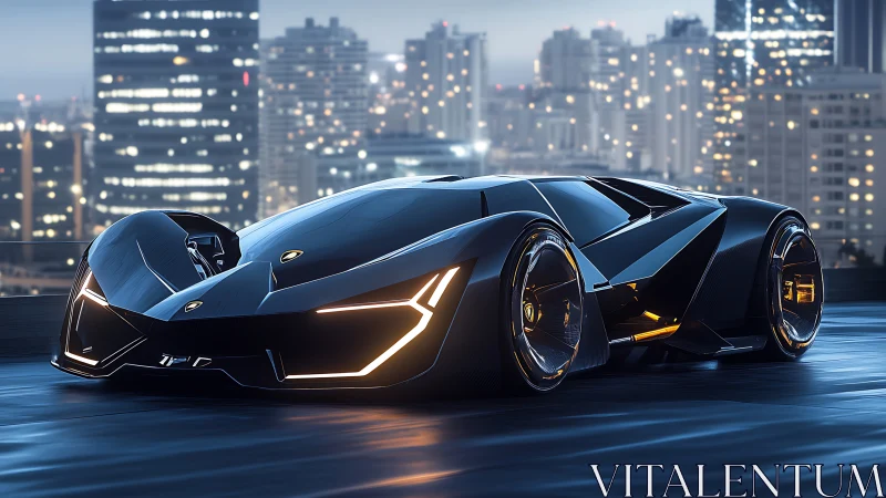 Futuristic hypercar glows against a neon urban skyline at night.