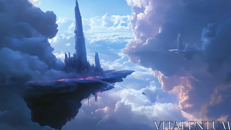 Soaring sci fi sky city rises among glowing storm clouds