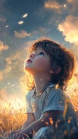 Digital painting portrait of child in luminous twilight field.