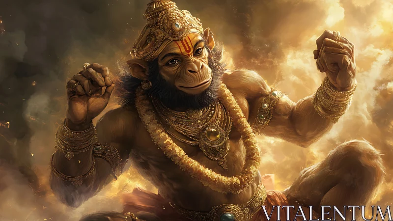 Divine monkey warrior blazes through swirling celestial gold