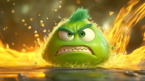Furious green blob erupts through glowing liquid flames.
