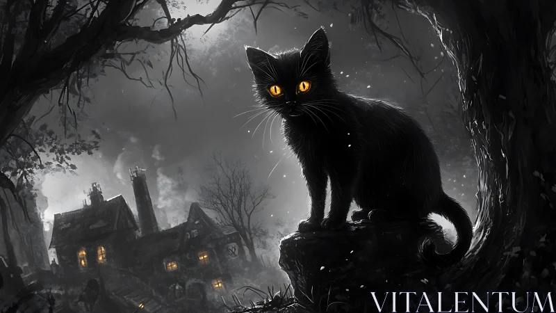 Black Cat with Glowing Eyes in Haunted Mansion Landscape.