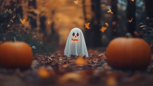 Child in ghost costume between pumpkins in autumn woods.