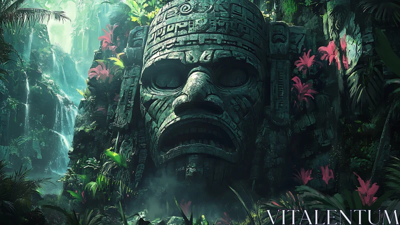 Colossal jungle stone face dominates misty waterfall ravine