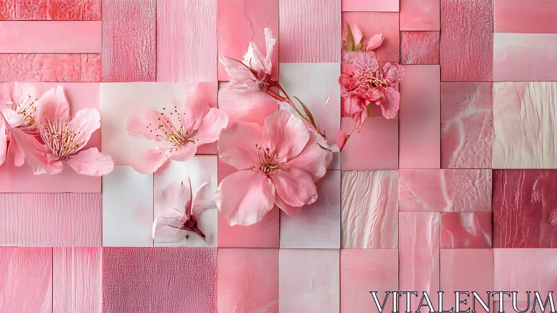 Macro cherry blossoms on textured pink panel mosaic background