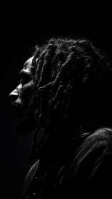 High-contrast rim-lit profile portrait with textured dreadlocks.