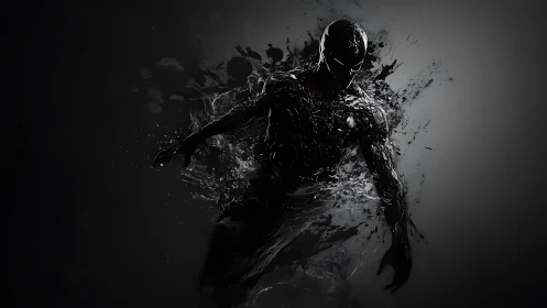 Shadow figure emerges from splintered liquid darkness