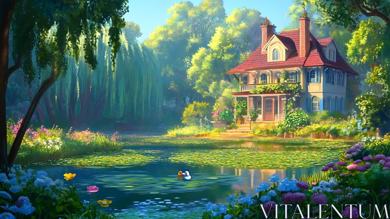 Country house stands beside lily-covered pond in daylight