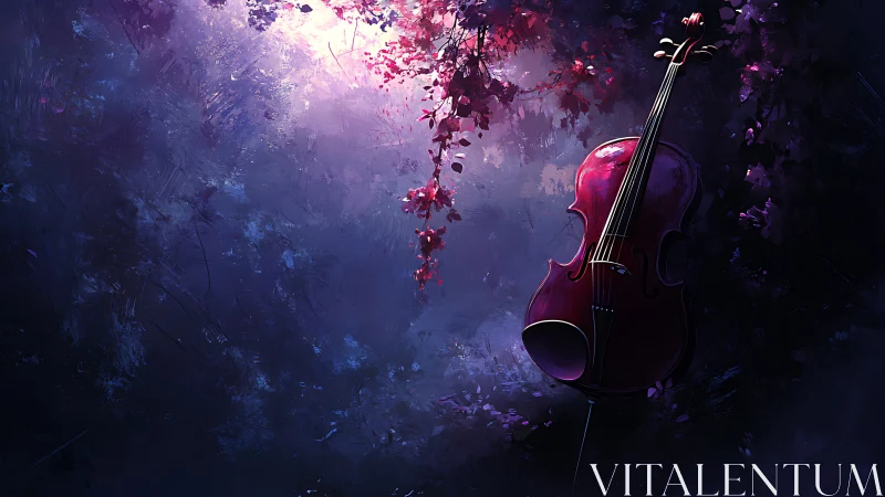 Midnight garden violin resting in dreamy violet glow.