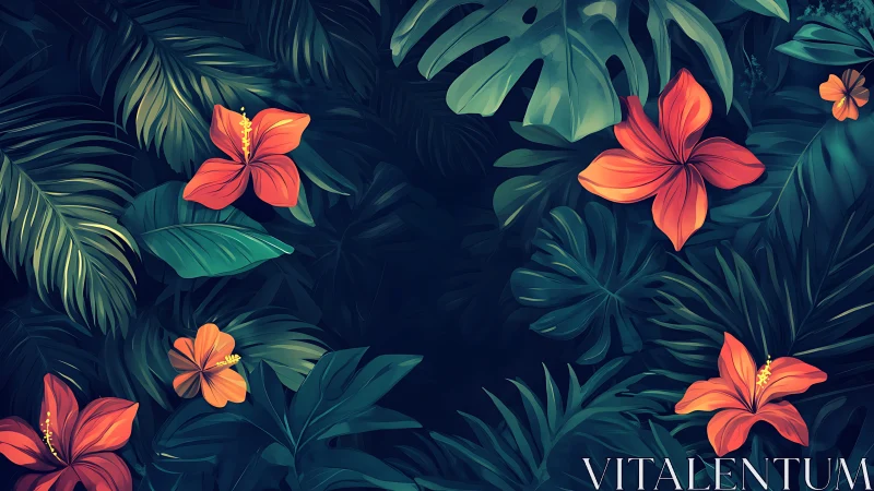 Midnight jungle blooms whisper in glowing scarlet hush.