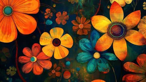 Vibrant Botanical Illustration with Layered Floral Elements