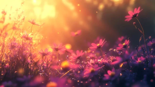 Backlit wildflower meadow in luminous sunset bokeh field.