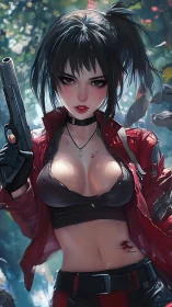 Gun-wielding anime heroine stands wounded yet unbroken.