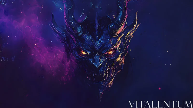 Mystic horned demon emerging from glowing cosmic shadows.