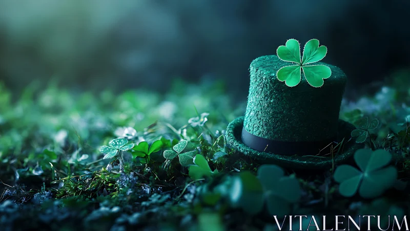 Emerald clover hat glows softly in misty forest dusk.